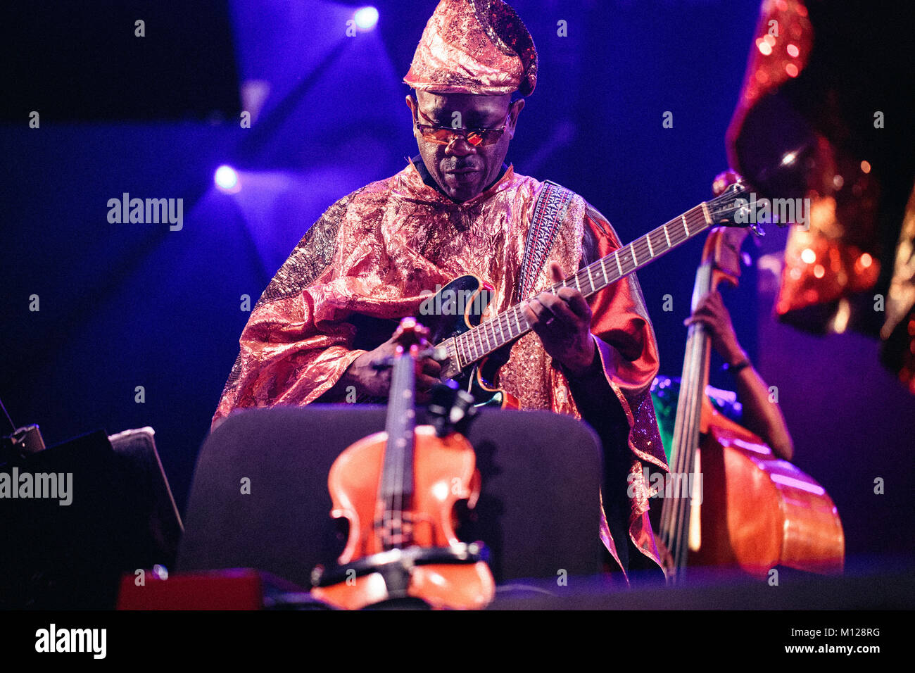 The American avant-garde jazz group Sun Ra Arkestra performs a live concert at the Polish music festival Off Festival 2015 in Katowice. Here guitarist Dave Hotep is pictured live on stage. Poland, 08/08 2015. Stock Photo
