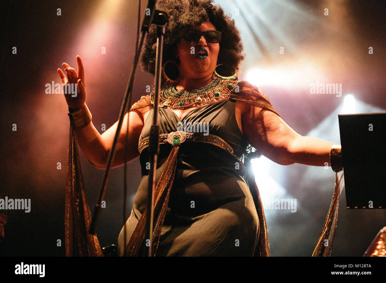 The American avant-garde jazz group Sun Ra Arkestra performs a live concert at the Polish music festival Off Festival 2015 in Katowice. Here vocalist Tara Middleton is pictured live on stage. Poland, 08/08 2015. Stock Photo