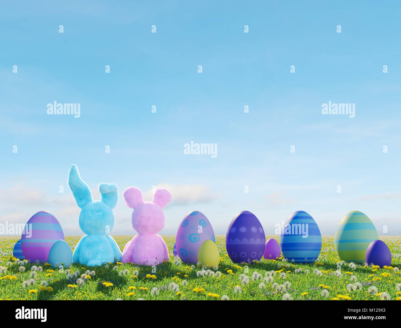 two easter rabbits sitting in lawn with easter eggs. 3d rendering Stock ...