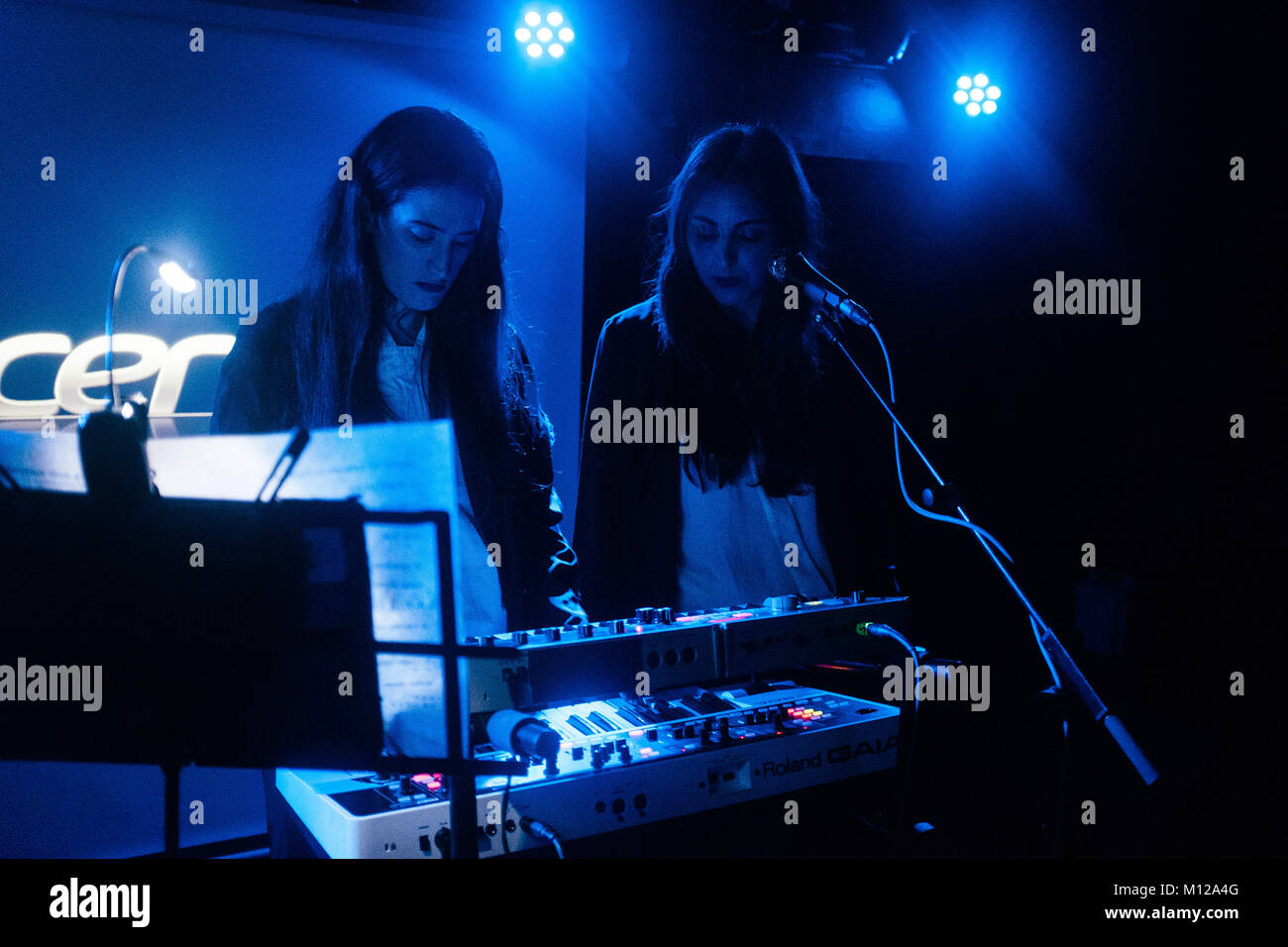 The American musical project Tropic of Cancer performs a live concert at Huset during the Danish music festival Frost Festival 2017 in Copenhagen. Here singer, songwriter and musician Camella Lobo (R) is seen live on stage with musician Taylor Burch (L). Denmark, 23/02 2017. Stock Photo