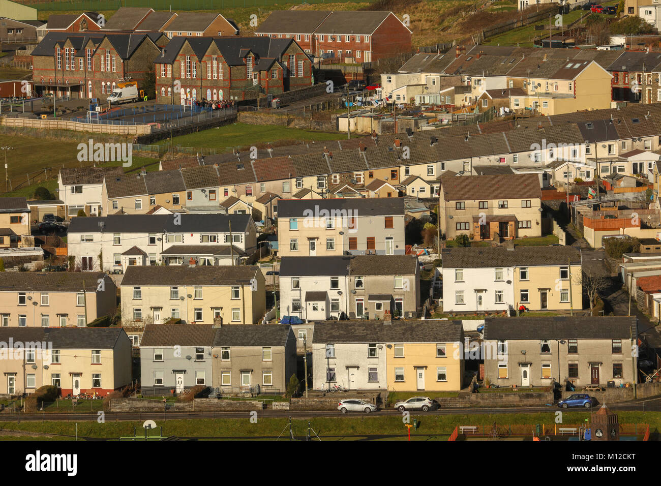 Welsh valleys town, and wind turbines, Gilfach Goch, Wales, UK Stock