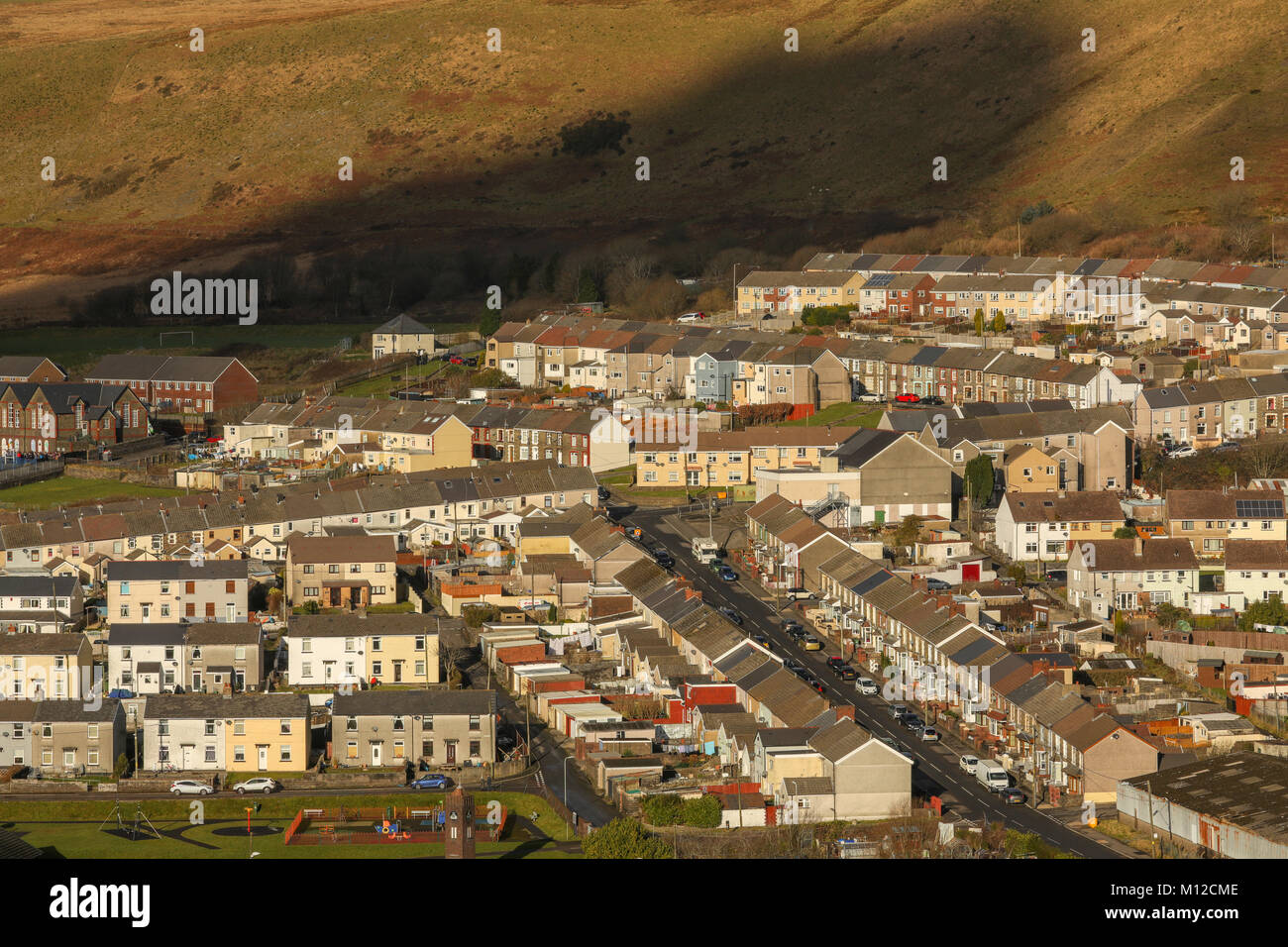 Welsh valleys town, and wind turbines, Gilfach Goch, Wales, UK Stock