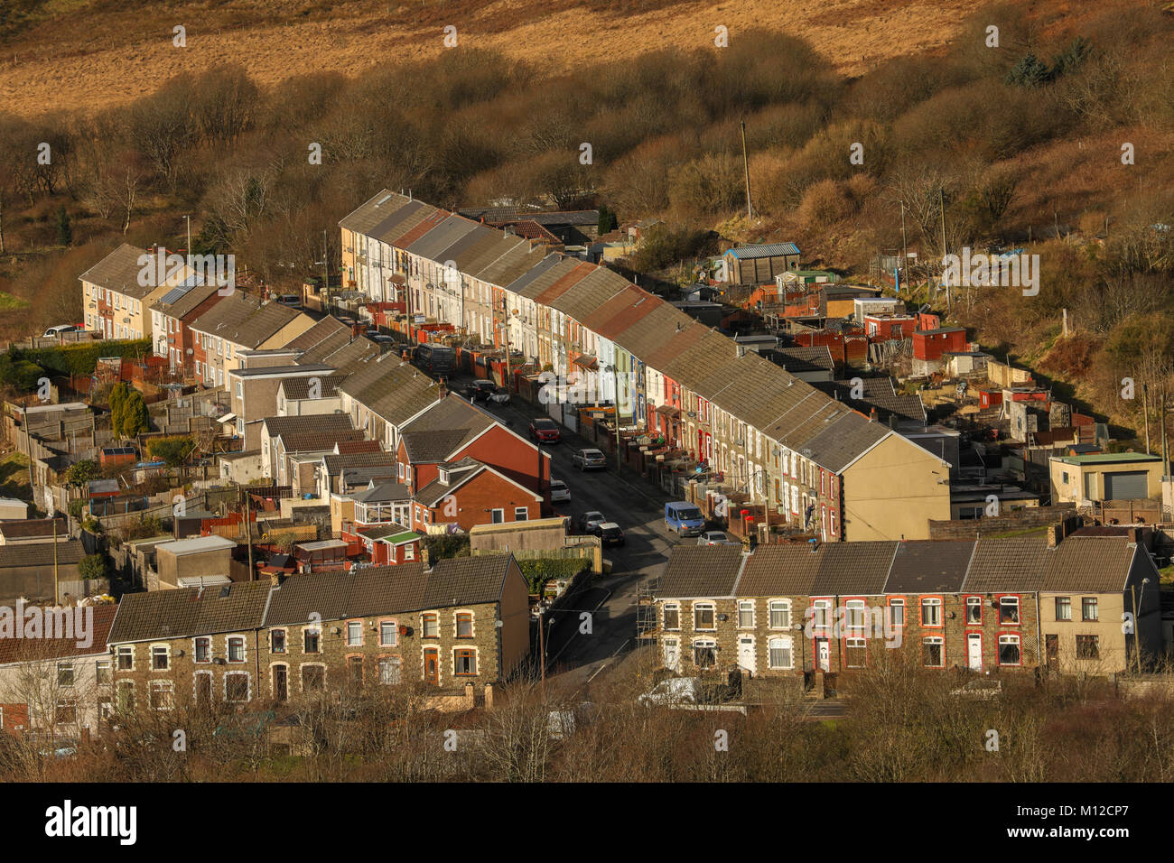 Welsh valleys town, and wind turbines, Gilfach Goch, Wales, UK Stock