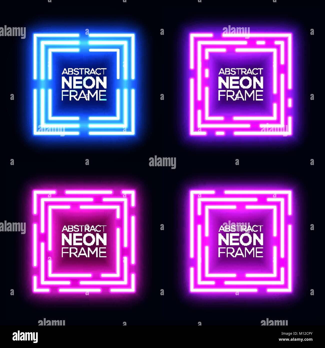 Neon light square banners set. Shining rectangle techno frame collection. Night club electric 3d banner on dark backdrop. Blue violet neon abstract background with glow. Technology vector illustration Stock Vector
