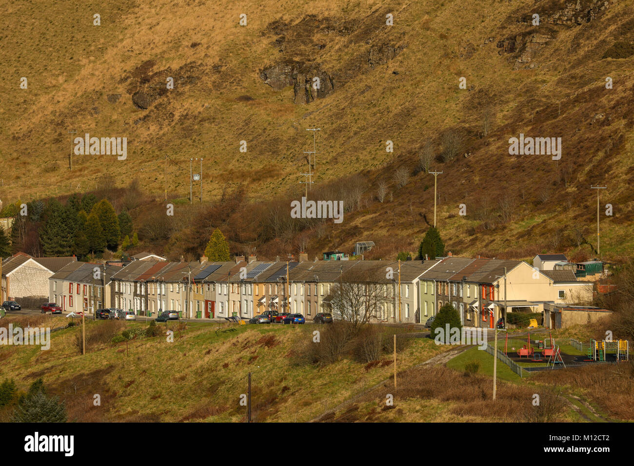 Welsh valleys town, and wind turbines, Gilfach Goch, Wales, UK Stock