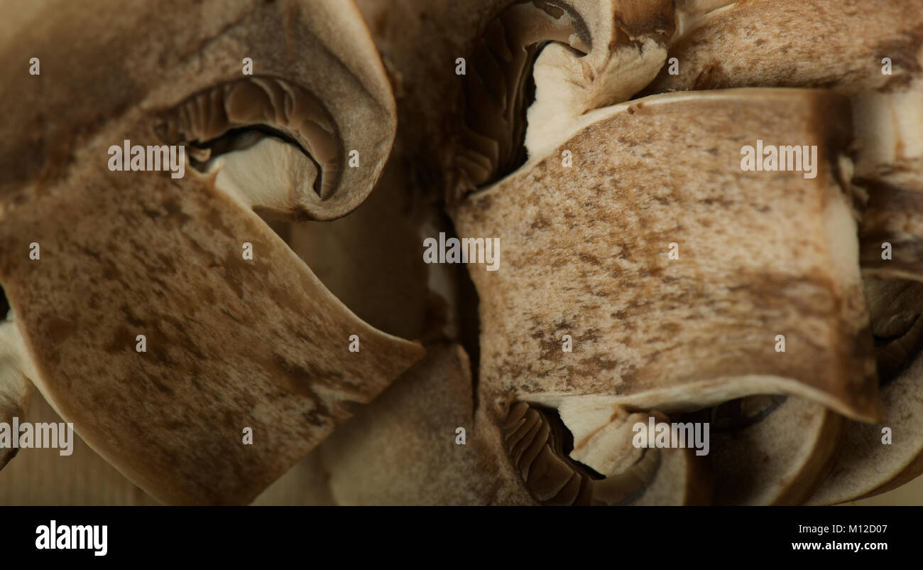 Close-up, detail, food, sliced Portabellini Mushroom, texture, cooking, still life Stock Photo