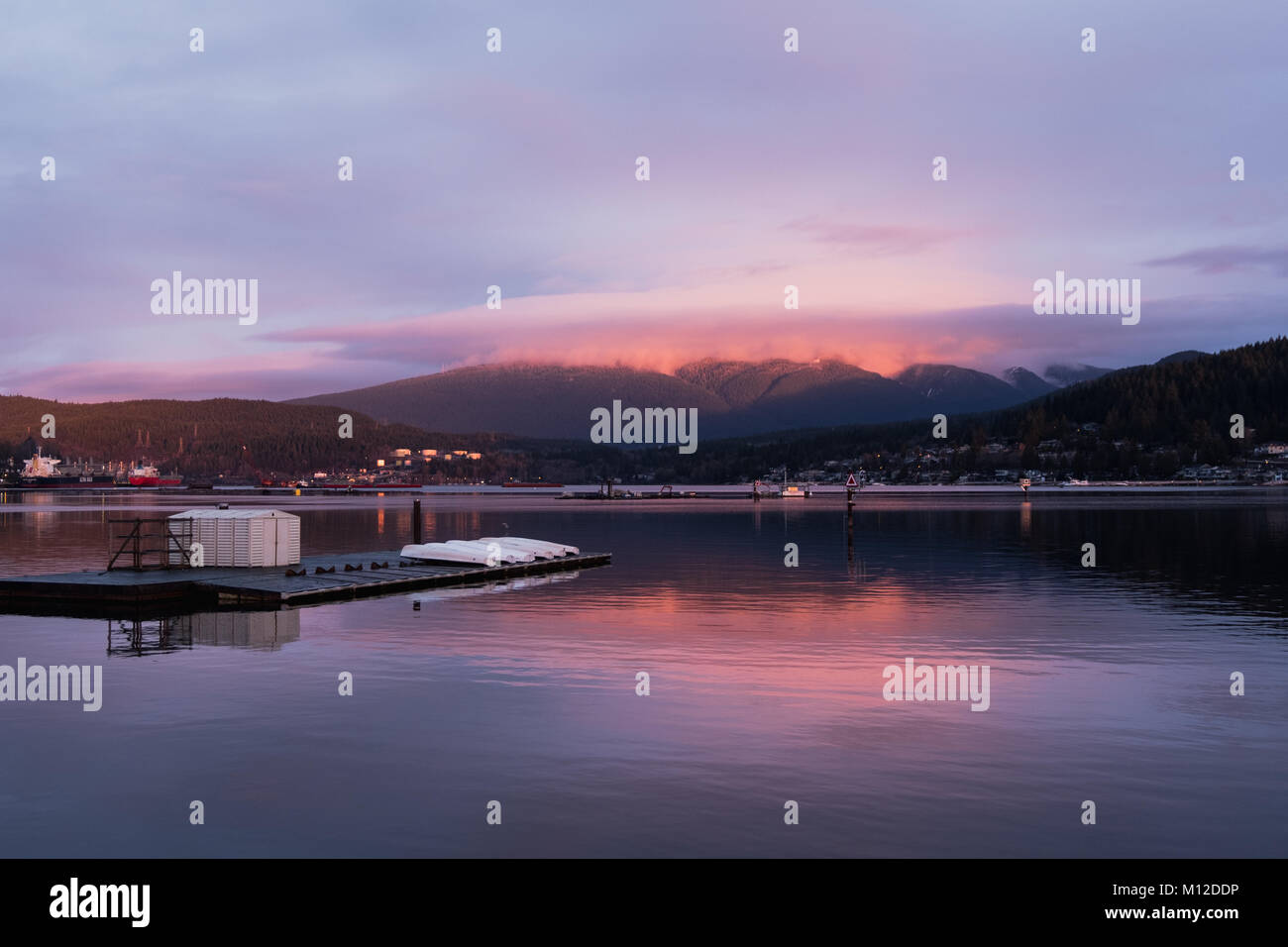 View at Rocky Point Park, Port Moody, Vancouver, British Columbia, Canada and its Surrounding Landscape during Sunrise Stock Photo