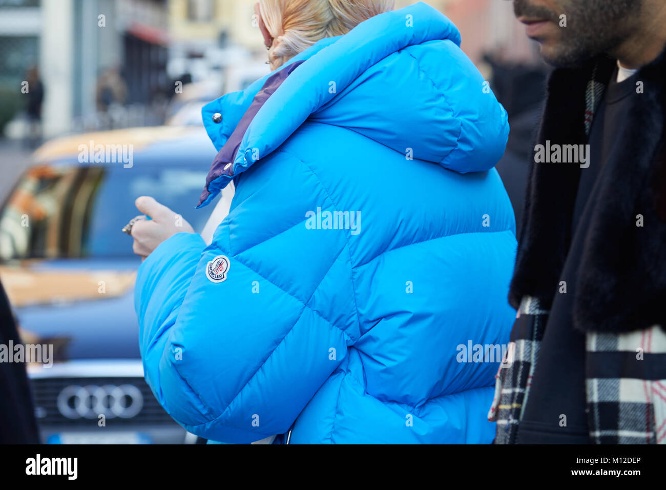 MILAN, ITALY - JANUARY 12, 2019: Man with brown Louis Vuitton backpack and  black padded jacket before Frankie Morello fashion show, Milan Fashion Week  Stock Photo - Alamy