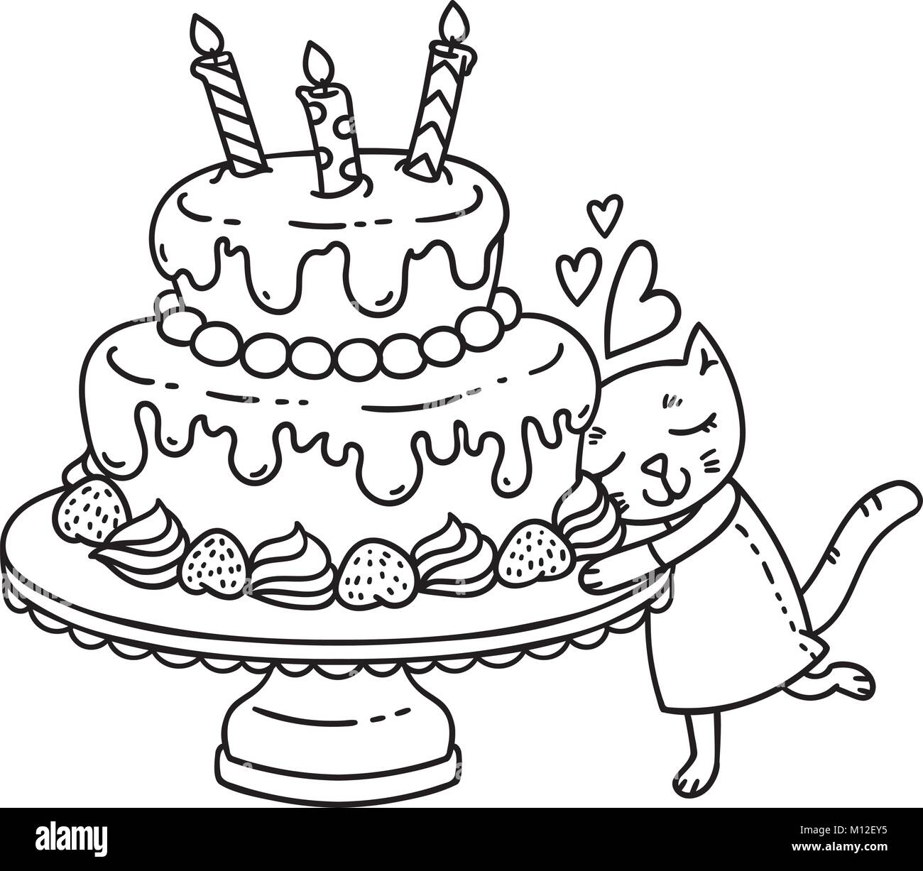 Birthday cake with candle and cute cat. Isolated objects on white background. Vector illustration. Coloring page. Stock Vector