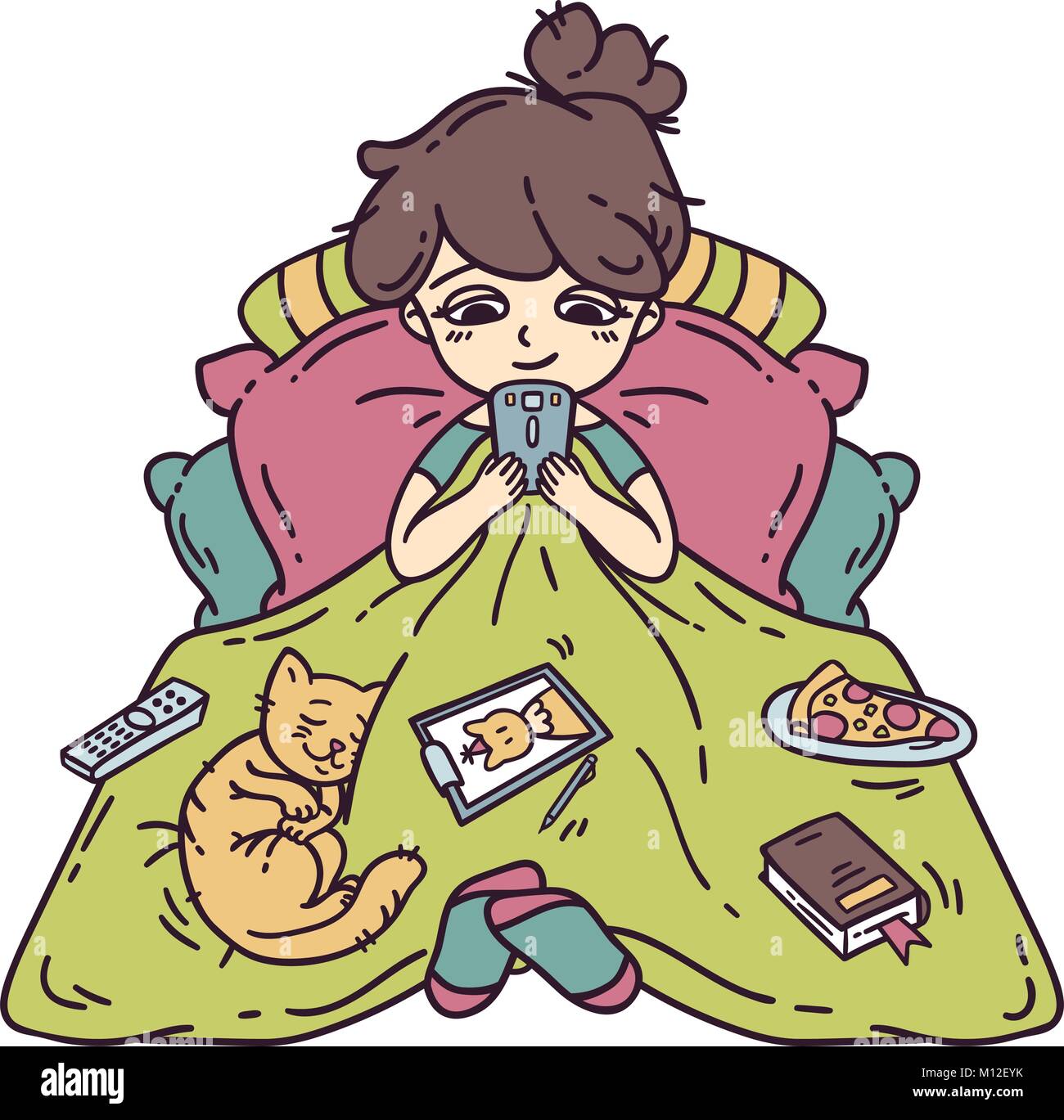 Girl resting in bed. Isolated objects on white background. Vector illustration. Stock Vector