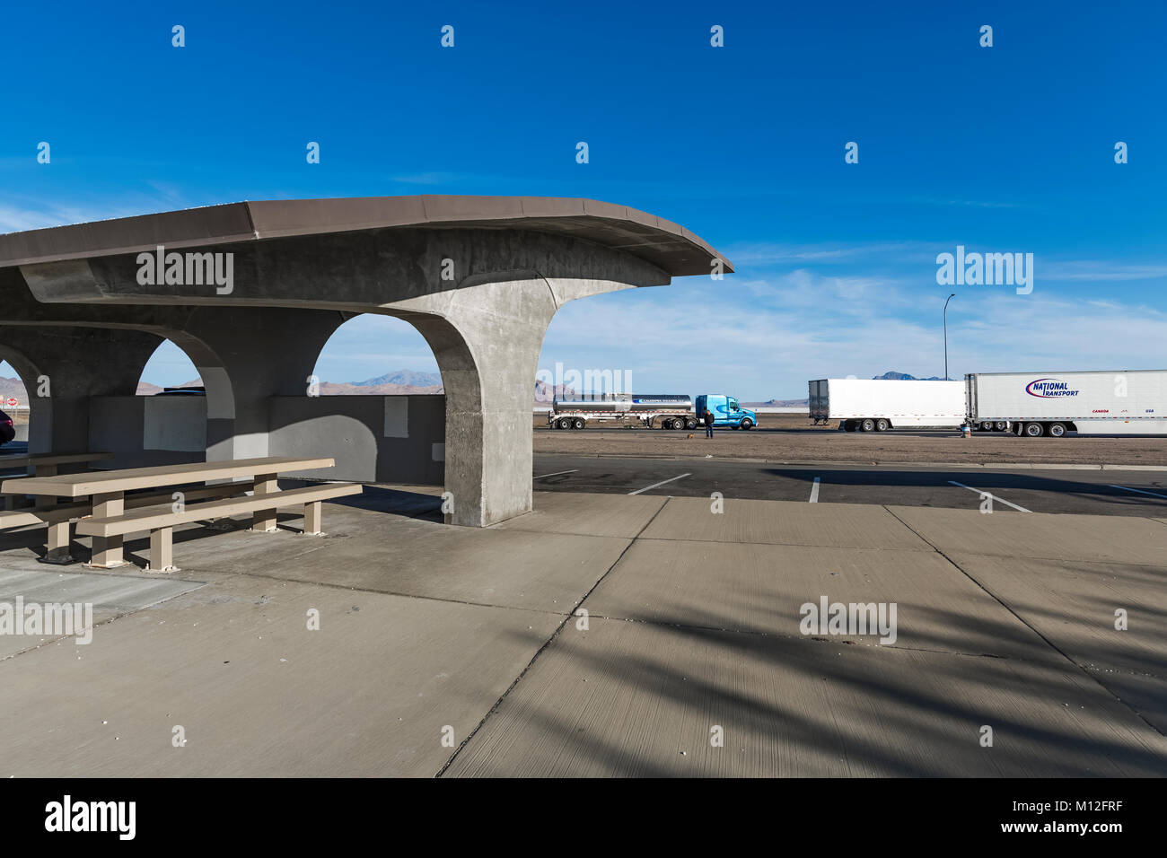Futuristic concrete structure at the Wendover Salt Flats Rest Area along Interstate 80 where the highway crossed the Bonneville Salt Flats, Utah, USA Stock Photo