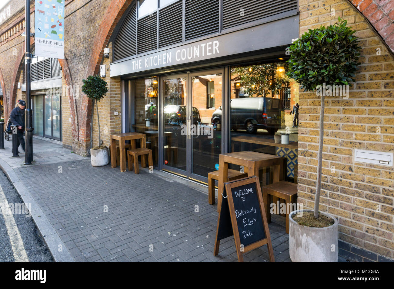 The Kitchen Counter deli restaurant in a railway arch in Herne Hill owned by Ella and Matthew Mills is part of the Deliciously Ella brand. Stock Photo