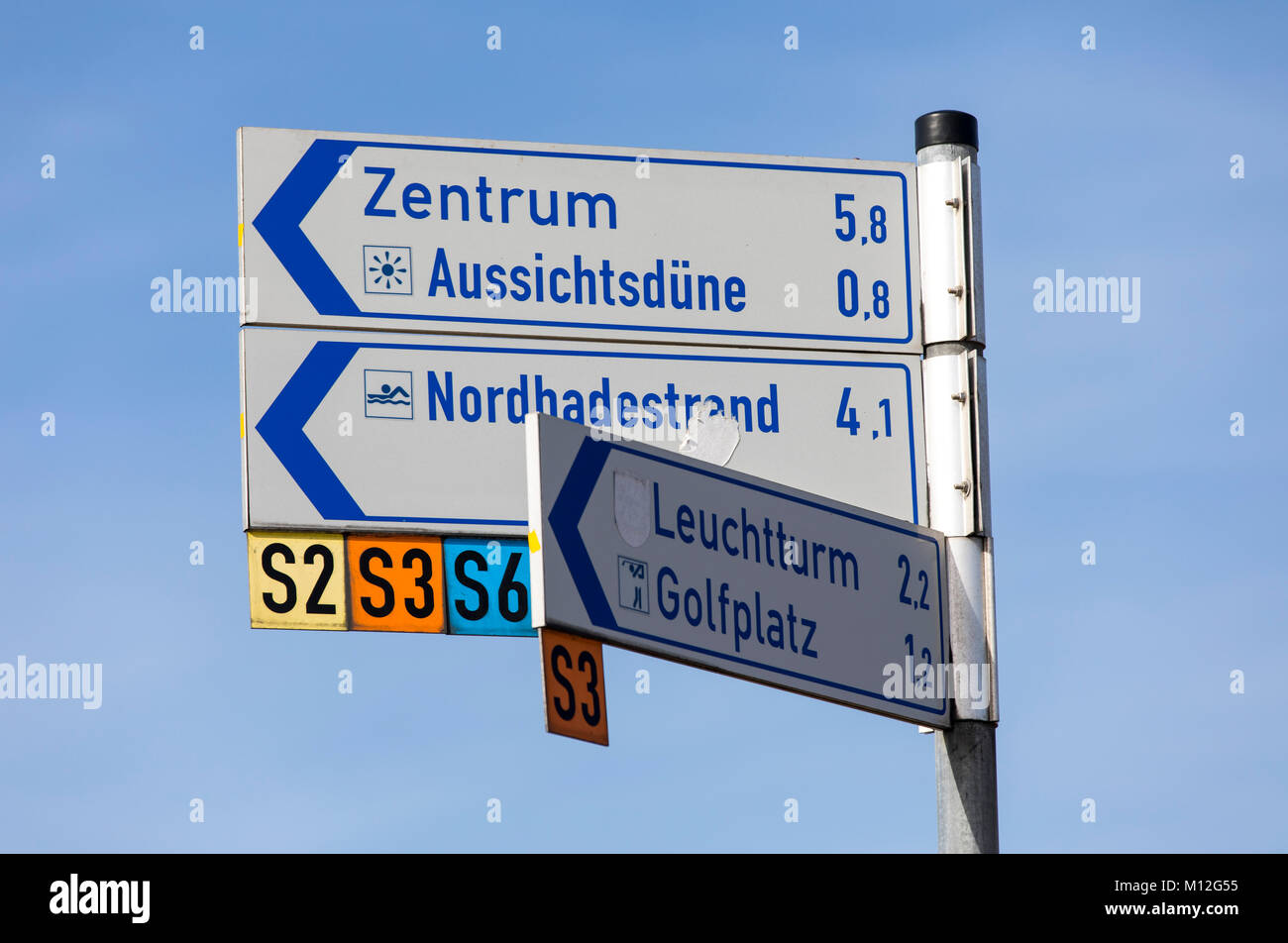 The East Frisian North Sea island of Norderney, in winter, Wadden Sea National Park, sign post, Stock Photo