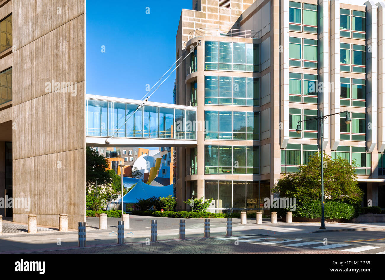 The MIT campus is known for its innovative architecture and buildings featuring unusual angles,shown here. This example has a glass skywalk. Stock Photo
