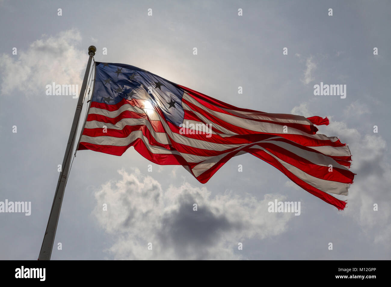 The 15 star, 15 stripe Star Spangled Banner flag, flying over Federal Hill Park which overlooks Baltimore Inner Harbor, Baltimore, Maryland, USA. Stock Photo