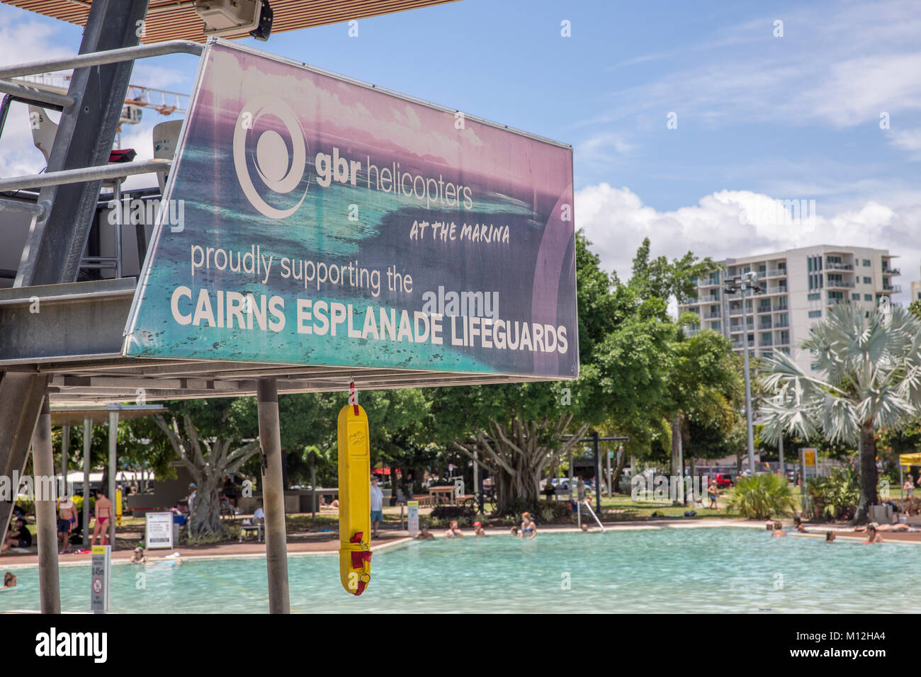 Lifeguards viewing platform at Cairns lagoon, esplanade in Cairns city centre,Far north Queensland,Australia Stock Photo