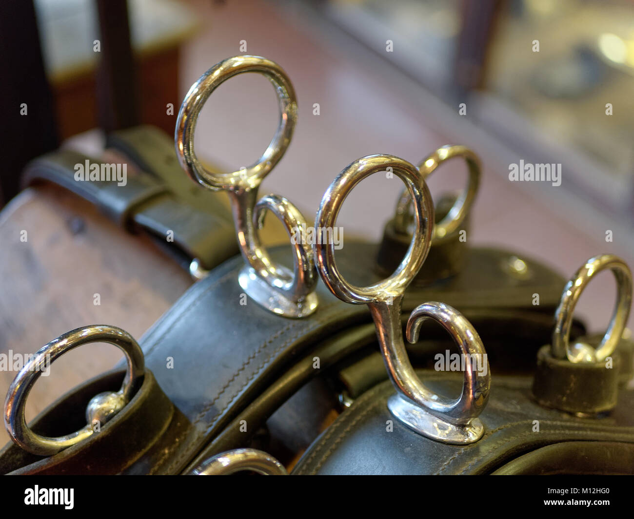 STANLEY, COUNTY DURHAM/UK - JANUARY 20 :  Horse brasses Inside an old tack shop at the North of England Open Air Museum in Stanley, County Durham on January 20, 2018 Stock Photo