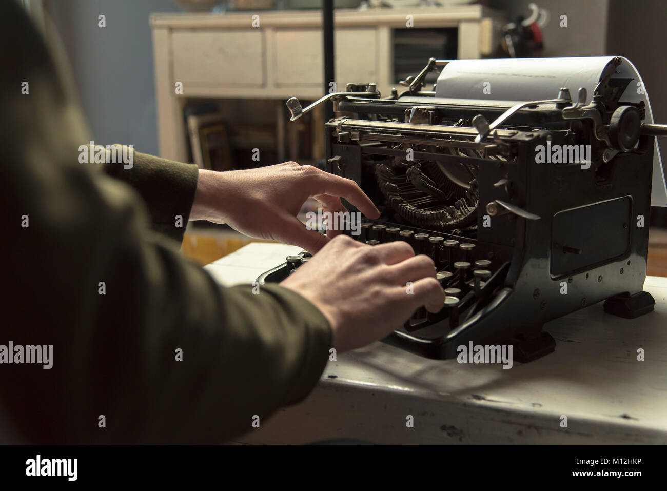 Man Using Typing Retro Typewriter Machine Work Writer Stock Photo Alamy