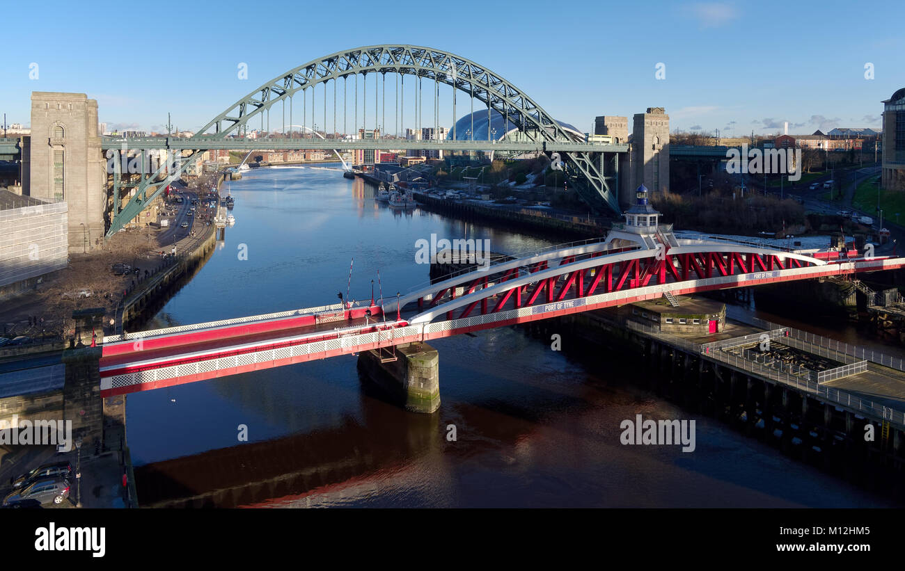 NEWCASTLE UPON TYNE, TYNE AND WEAR/UK - JANUARY 20 : View of the Tyne  and Swing Bridges in Newcastle upon Tyne, Tyne and Wear on January 20, 2018 Stock Photo