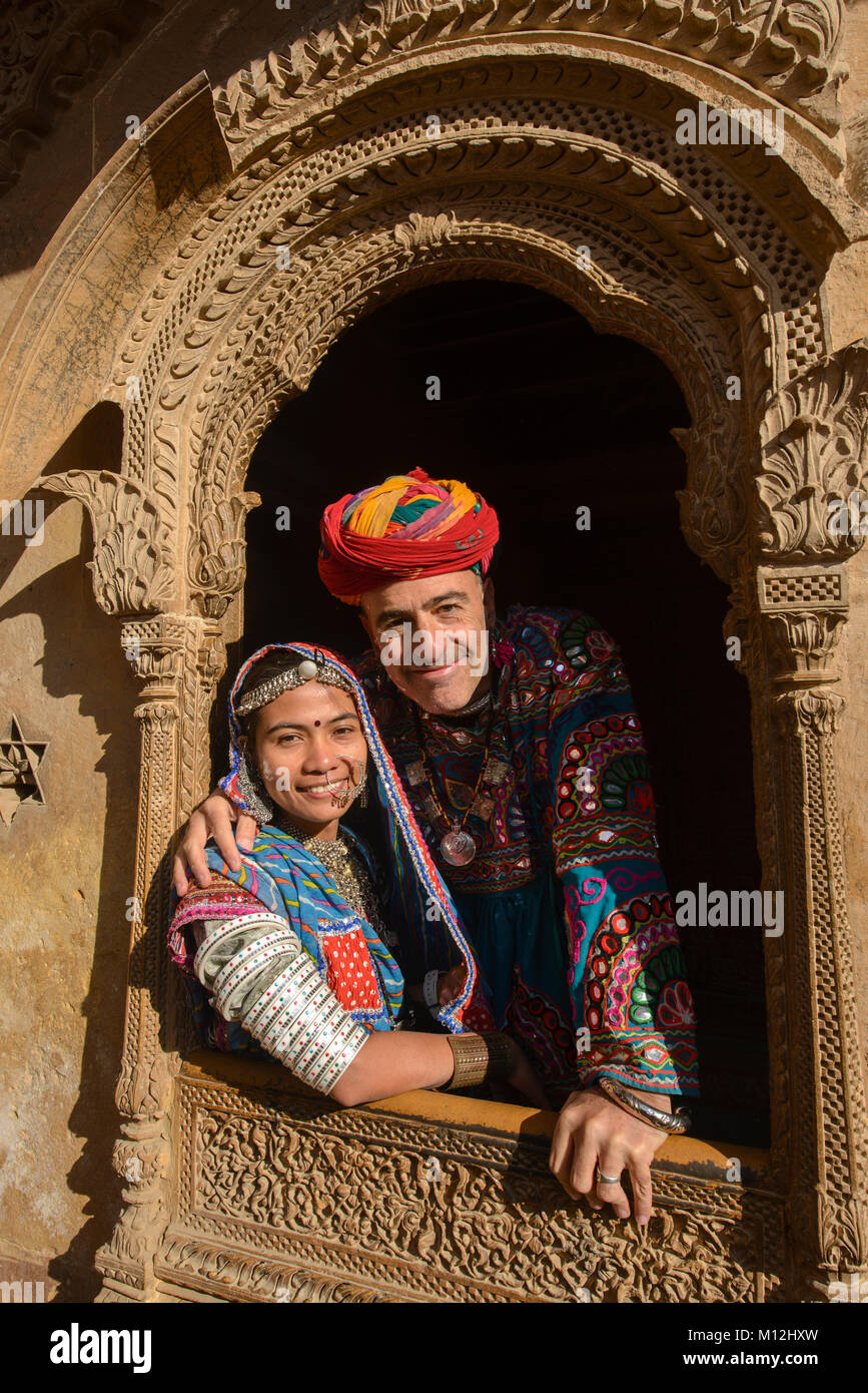 Dressed like royalty at the sandstone carved Patwon Ji Ki Haveli, Jaisalmer, Rajasthan, India Stock Photo