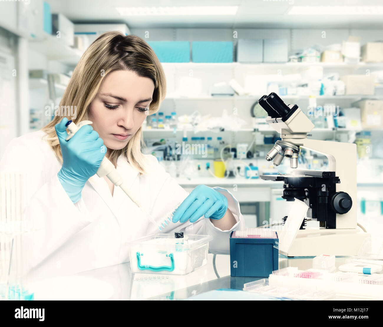 Young female tech or scientist loads liquid sample into test tube with plastic pipette. Shallow DOF, focus on the eyelashes and hand with the tubes. T Stock Photo
