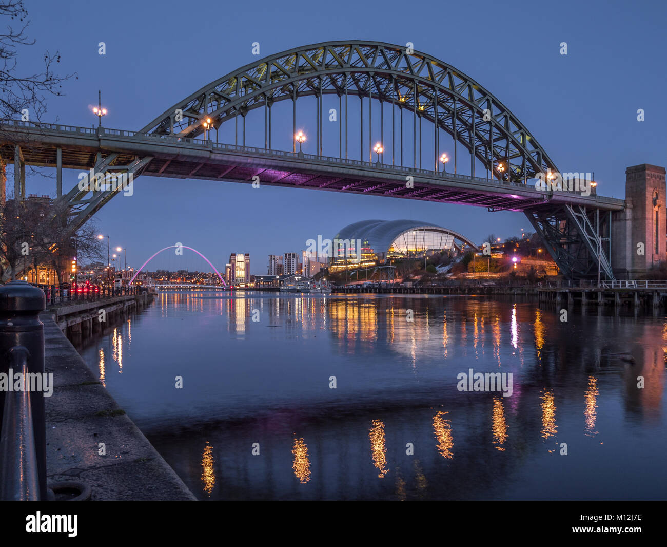 NEWCASTLE UPON TYNE, TYNE AND WEAR/UK - JANUARY 20 : View of the Tyne and Millennium Bridges at dusk in Newcastle upon Tyne, Tyne and Wear on January 20, 2018 Stock Photo