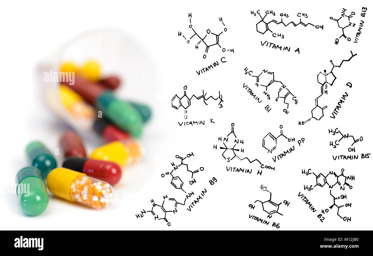 High potency vitamin supplement pills and chemical formulae of vitamins Stock Photo