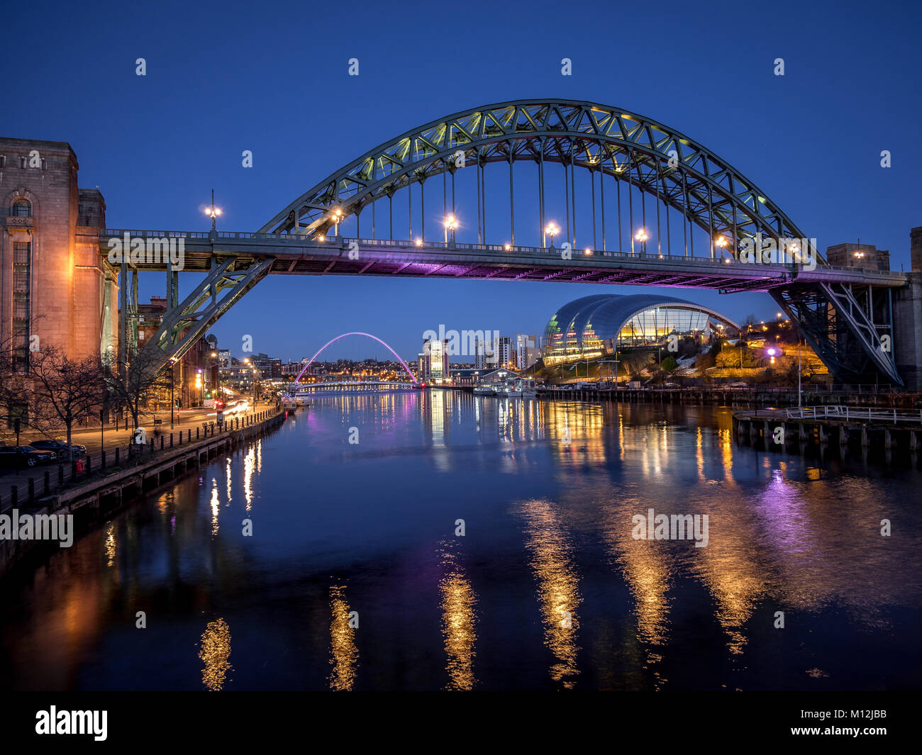 NEWCASTLE UPON TYNE, TYNE AND WEAR/UK - JANUARY 20 : View of the Tyne and Millennium Bridges at dusk in Newcastle upon Tyne, Tyne and Wear on January 20, 2018 Stock Photo