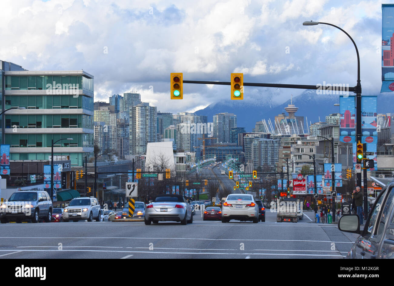 Traffic in Vancouver, British Columbia headed toward the Cambie Bridge