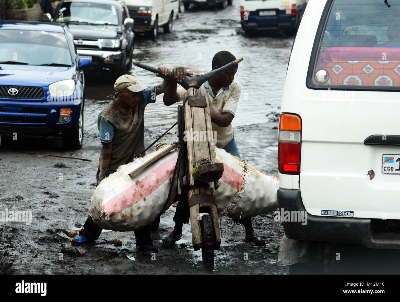 Chukudu is a traditional wooden bike transporting goods in Goma and Eastern Congo. Stock Photo