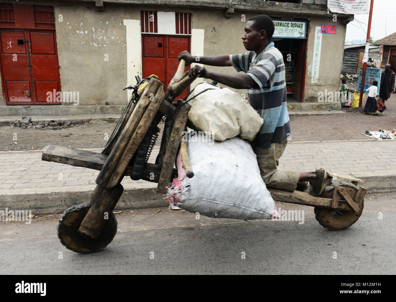 Chukudu is a traditional wooden bike transporting goods in Goma and Eastern Congo. Stock Photo