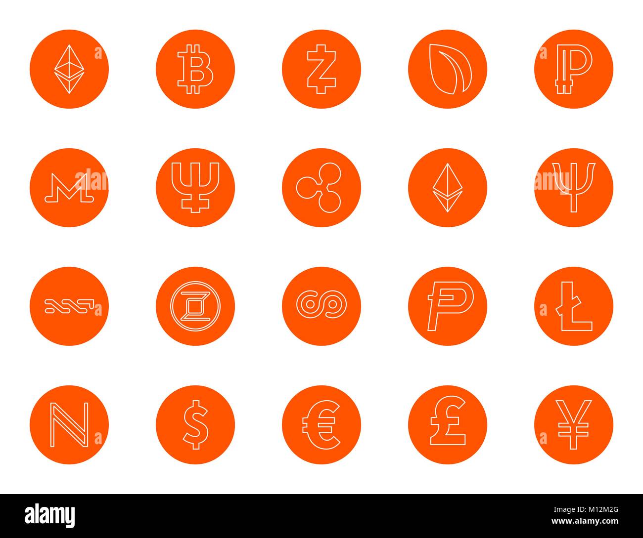 Basic digital currency cries and world currencies, a set of round line icons, color change in one click, flat style vector Stock Vector