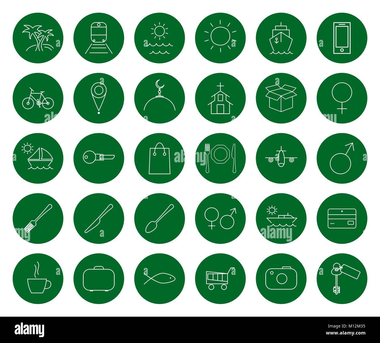 Recognizing the world - tours, thirty vector round line icons for your website or booklet, color change in one click, flat style Stock Vector