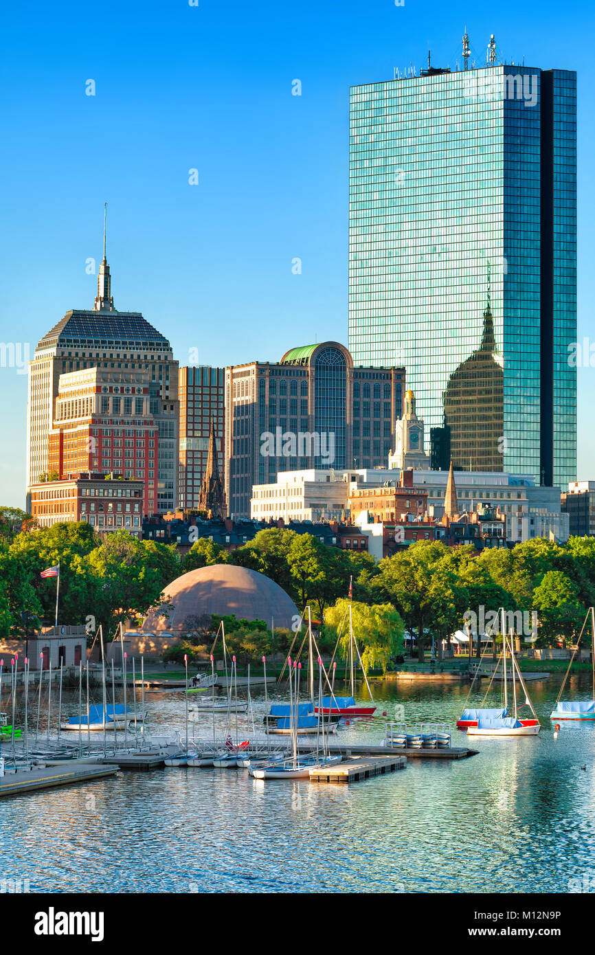 Boston skyline and waterfront small craft harbor viewed from across the Charles River. Stock Photo