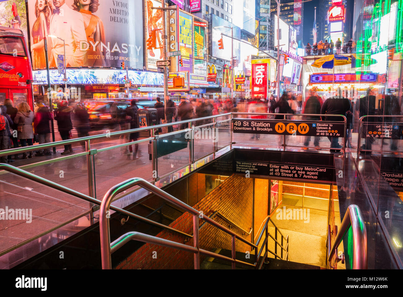 Entrance in subway station on Time Square at night in New York City