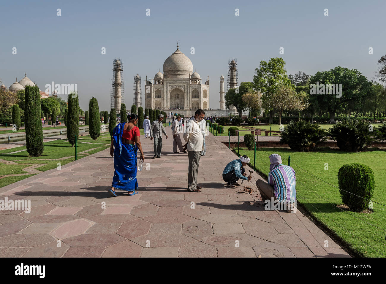 Workers getting ready to start repair work inside Taj Mahal, Agra, India. Stock Photo