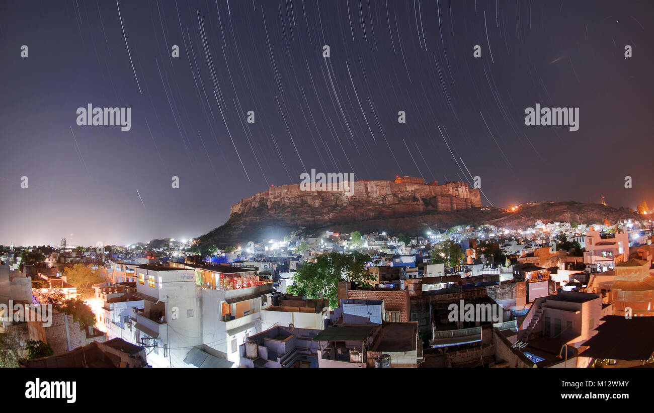 Mehrangarh Fort Jodhpur at night surrounded by houses, Rajasthan, India