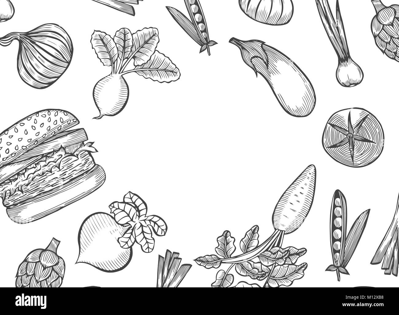 Hand drawn Farmers market menu design template. Vegetables top view frame. Organic food poster. Vintage sketch vector illustration. Line art graphic.  Stock Vector