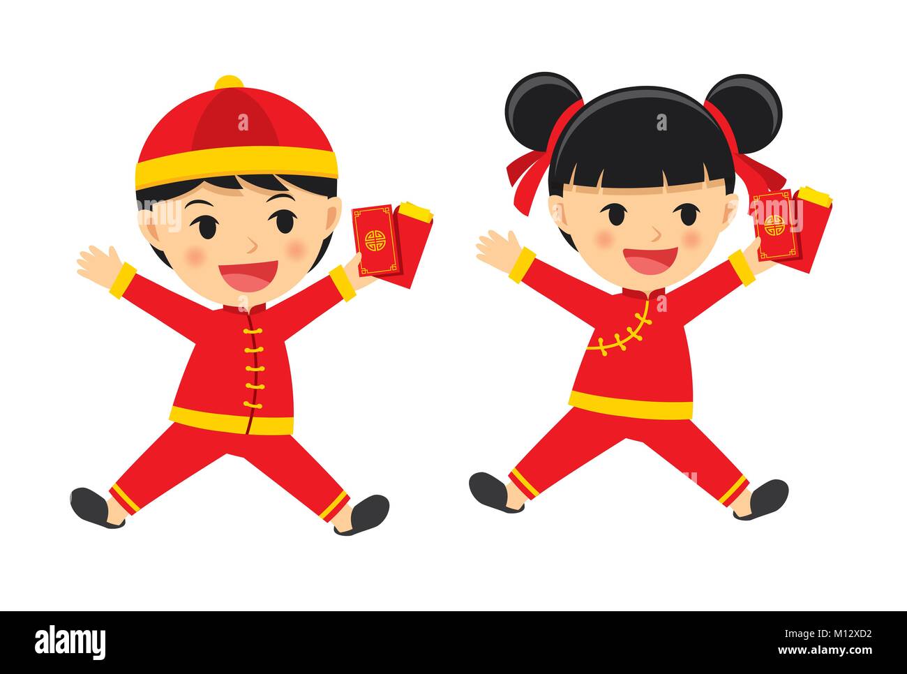 Happy boy and girl in traditional clothes celebrate get chinese red packet. Stock Vector