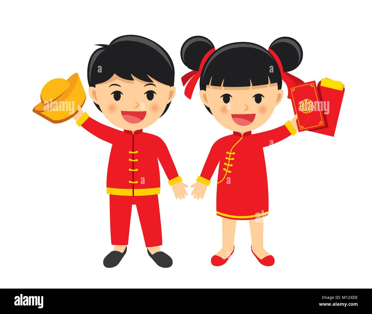 Happy boy and girl in traditional clothes celebrate get chinese red packet isolated on white background. Stock Vector