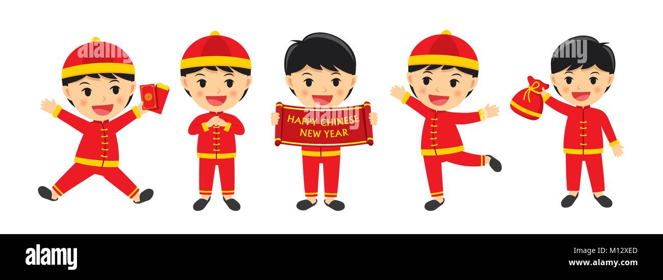 Happy chinese new year boy in traditional clothes celebrate. Set of character cartoon isolated on white background. Stock Vector