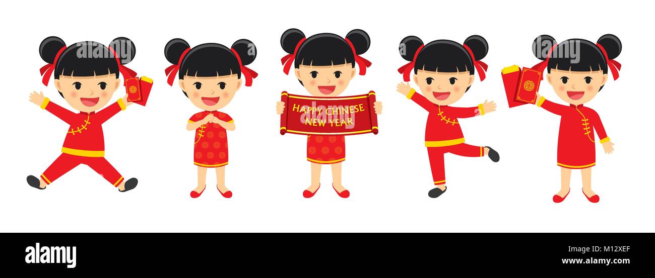 Happy chinese new year girl in traditional clothes celebrate. Set of character cartoon isolated on white background. Stock Vector