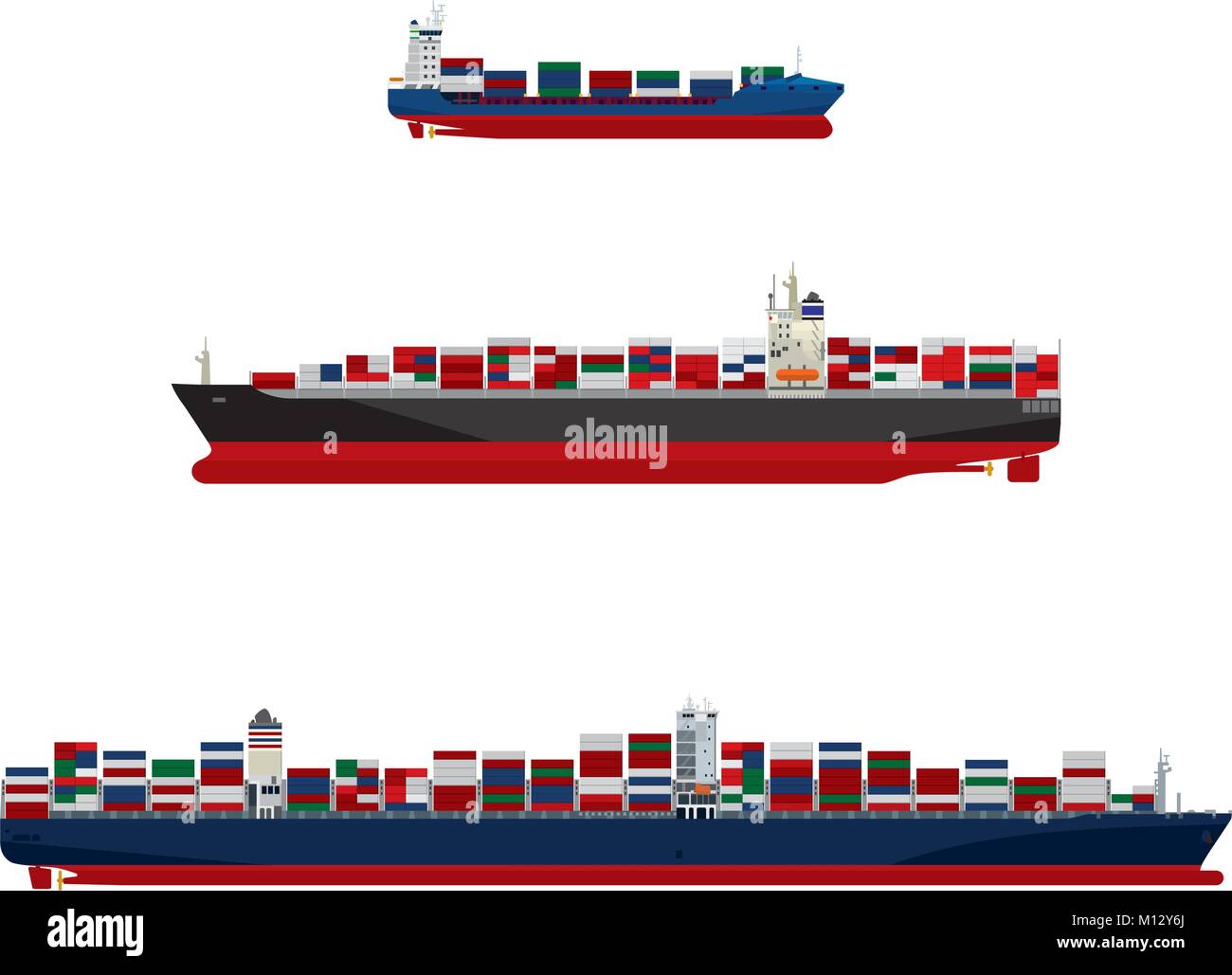 Cargo container vessels in three sizes. Feeder ship, panamax class and ultra-large container ship vector illustration Stock Vector