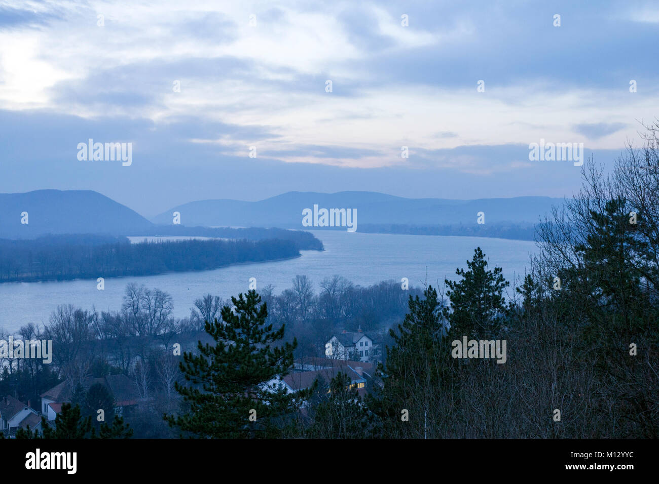 Danube bend on a winter evening at Zebegeny, Hungary. Stock Photo