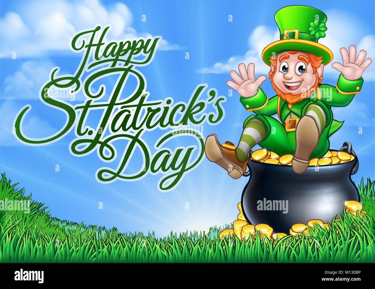 Leprechaun and Pot of Gold St Patricks Day Sign Stock Vector