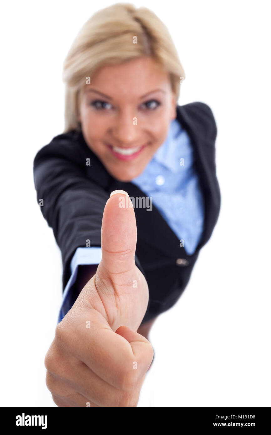 Young business woman, thumb up isolated on white Stock Photo