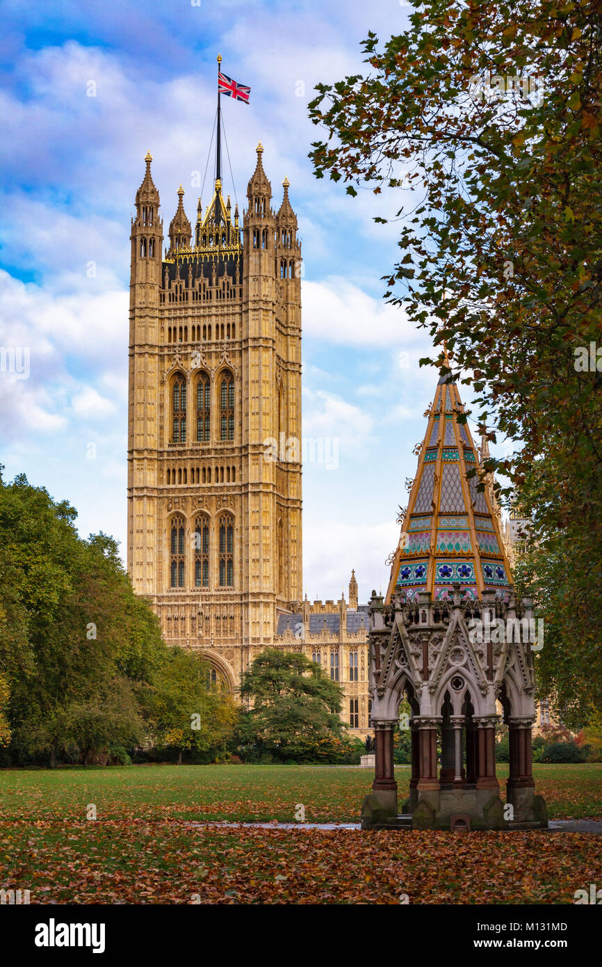Buxton Memorial Fountain, a memorial and drinking fountain in Victoria Tower Gardens public park with The Victoria Tower of the Palace of Westminster, Stock Photo