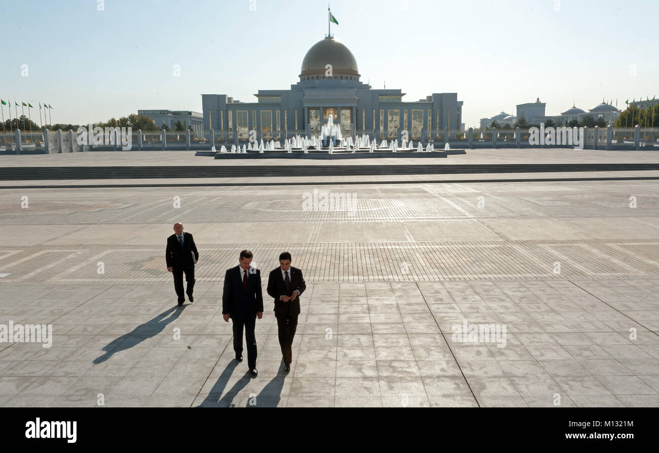 The president of Turkmenistan Gurbanguly Berdimuhamedow (right) and the Alexander Zhilkin (left) at the Oguzkhan Presidential Palace in the Ashgabat. Stock Photo