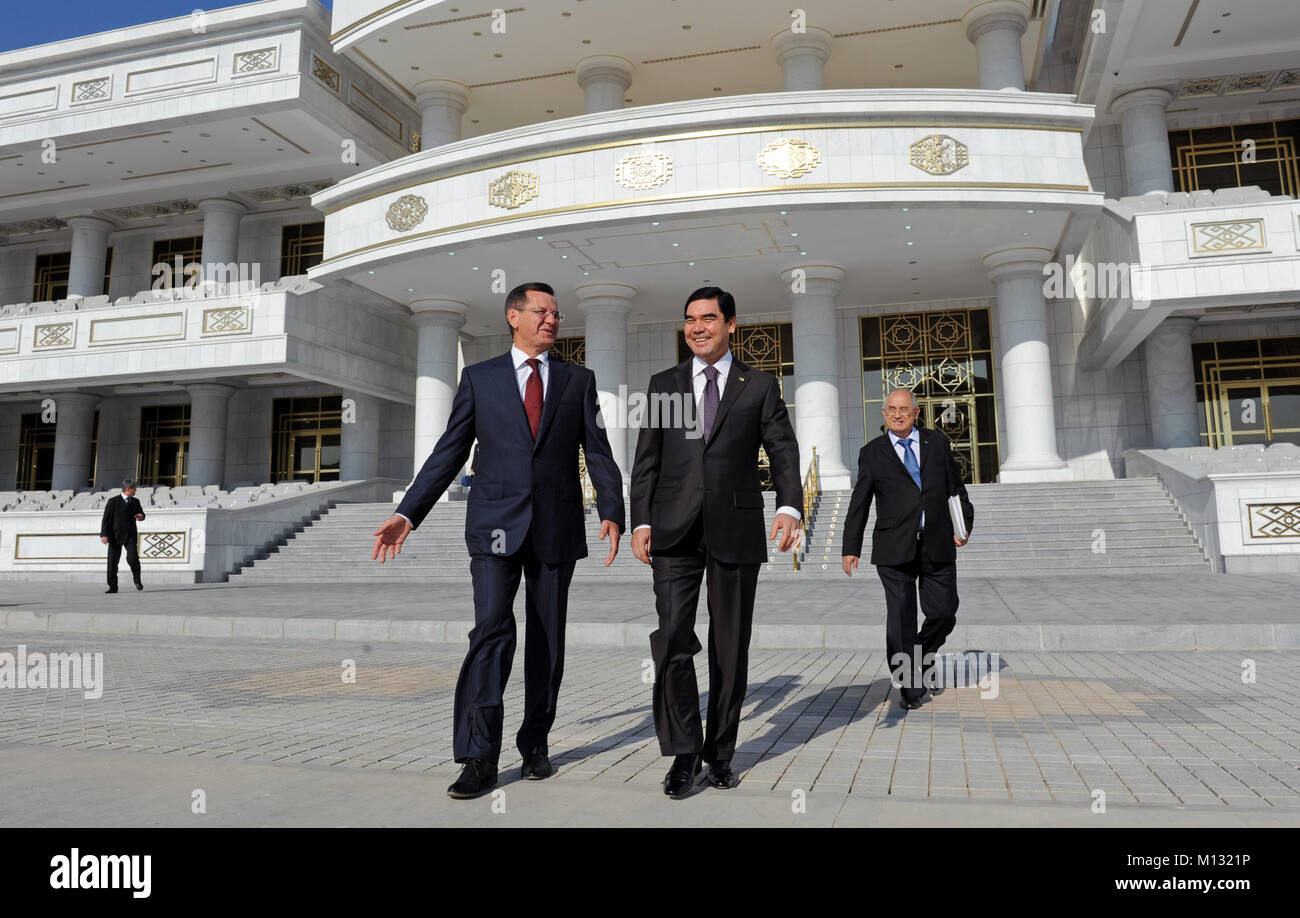 The president of Turkmenistan Gurbanguly Berdimuhamedow (right) and the Alexander Zhilkin (left) at the Oguzkhan Presidential Palace in the Ashgabat. Stock Photo