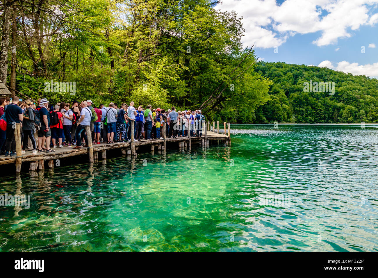 Tourists waiting to board the ferry on the boardwalk at Plitvice Lakes National Park, Croatia Stock Photo